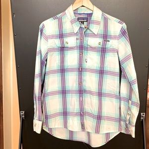 Patagonia, sunshirt, nylon, polyester, lightweight, plaid, button down.